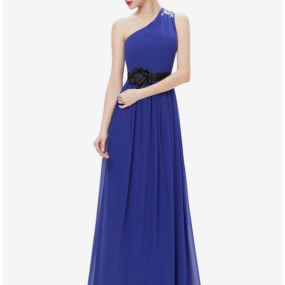 Bridesmaids Elegant Blue One-Shoulder Dress. 3 missing stones.